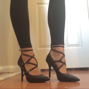Black Pointed-Toe Buckle Heels